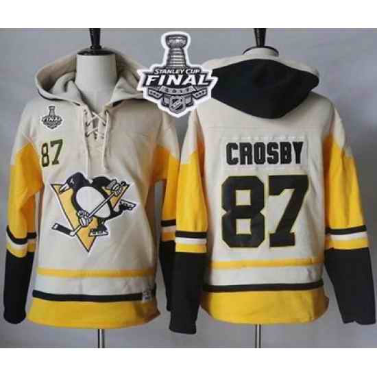 Men Pittsburgh Penguins 87 Sidney Crosby Cream Gold Sawyer Hooded Sweatshirt 2017 Stanley Cup Final Patch Stitched NHL Jersey